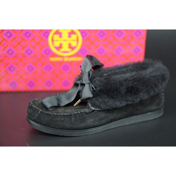 Tory Burch Aberdeen Genuine Rabbit Fur Trim Slipper Bootie SZ 5.5 NIB Black Bow - Picture 1 of 12